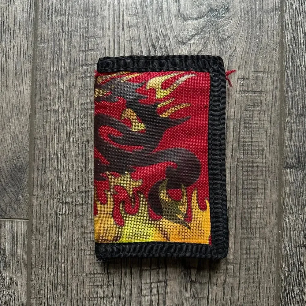 Vintage Y2K Black Red Flame Fire Skater Cotton Wallet BiFold Cardholder
